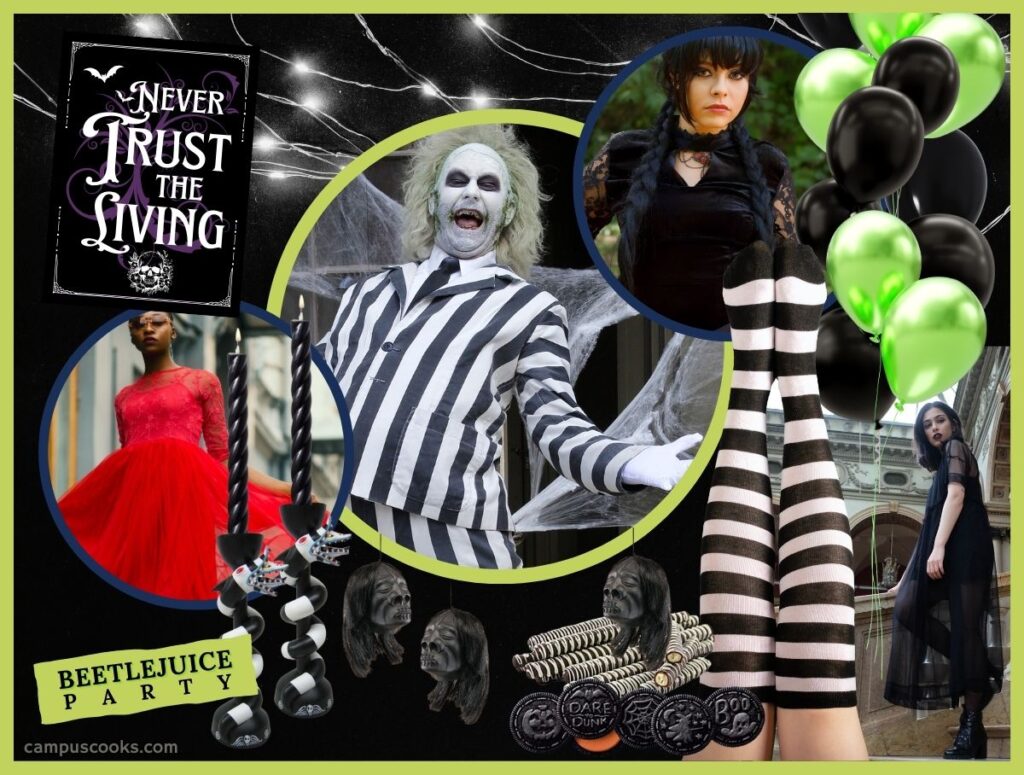A collage of Beetlejuice-themed decor and costume ideas. Black and white striped tights, goth woman wearing a black dress, a sign that says "never trust the living" and lots of green decorations.