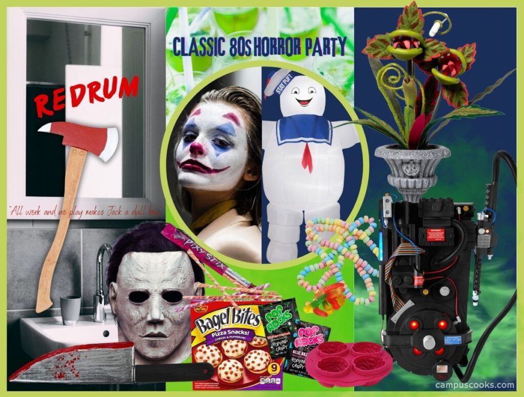 A collage of 1980s horror movie-themed party decor, including a Mike Myers mask from the Halloween movie, a mirror with "redrum" scrawled across it in red, a carnivorous plant, and a box of bagel bites.