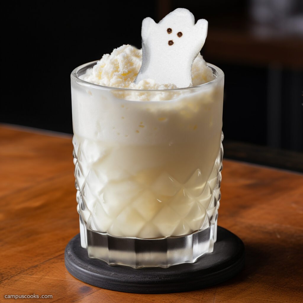 A cream-colored Halloween mocktail garnished with a dollop of coconut gelato and Ghost Peep in a fancy whiskey glass on a wooden counter.