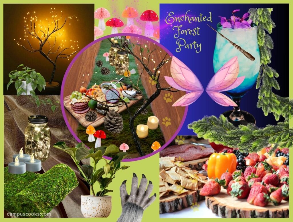 A collage featuring forest-themed decor and party foods, like fairy wings, werewolf glove, moss, fairy lights and plants.