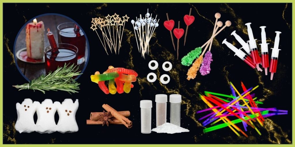 A colorful selection of Halloween-themed cocktail stirrers, swizzle sticks, gummy worms, eyeball sprinkles, rock candy pops, glow sticks and edible pearl powder jars on a black background.