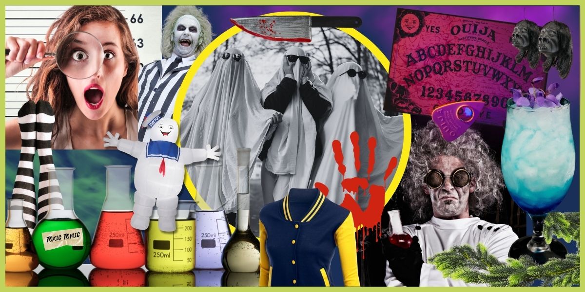 A collage of Halloween party-themed images, including a Beetlejuice costume, marshmallow man, bloody handprint and labratory glassware.