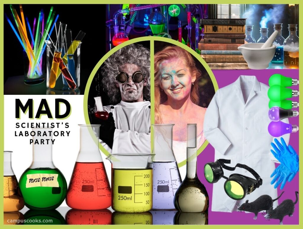 A collage of mad scientist-themed party decor ideas, including a mad scientist costume, blond woman wearing green monster face paint, a selection of lab glassware filled with different-colored liquids, green goggles and a white lab coat.