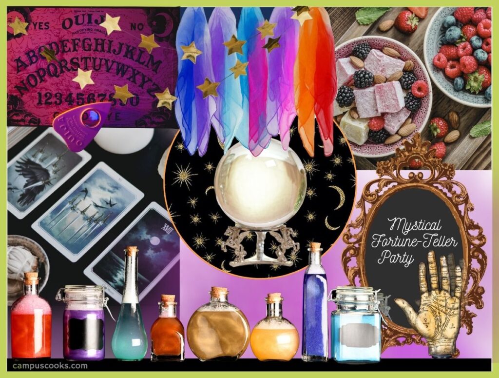 A collage of fortune teller-themed party decor and foods, including a crystal ball, a rainbow selection of silk scarves, a bowl of Turkish delight candy, a purple Ouija board and a rainbow of glass potion bottles in different shapes.