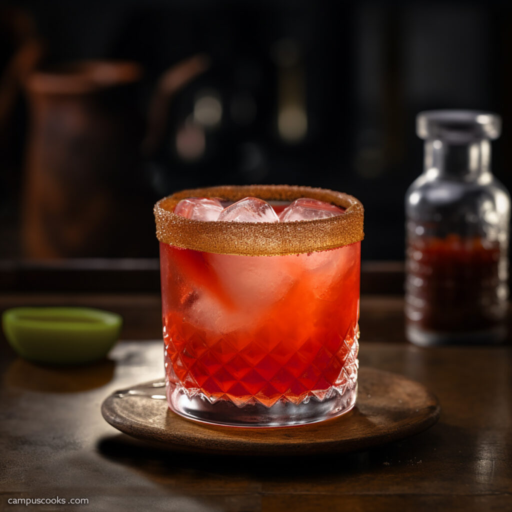 A brown sugar-rimmed Halloween mocktail that is an orange-red in color, on the rocks in a fancy whiskey glass, served on a dark wood countertop.