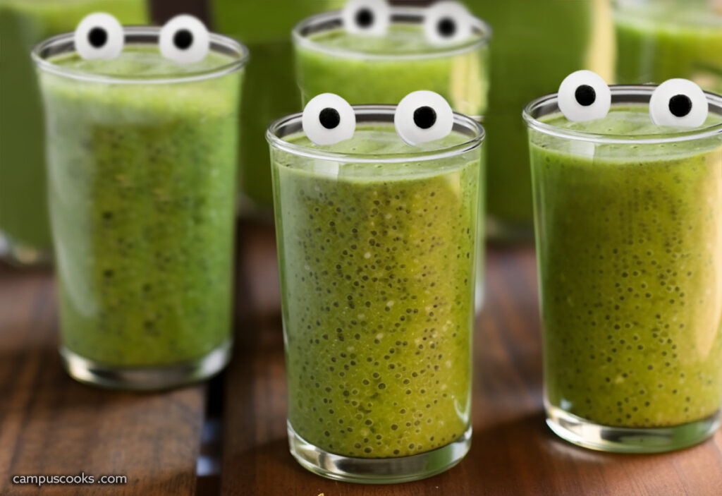 Shot glasses filled with green matcha chia pudding and topped with sugary eyeball sprinkles.