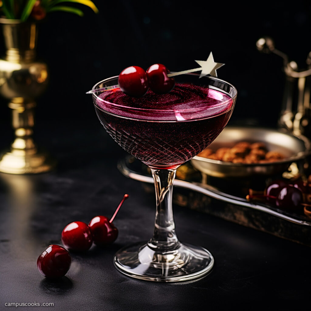 A dark red (almost black) mocktail in a fancy stemmed glass garnished with maraschino cherries on a star-topped toothpick.