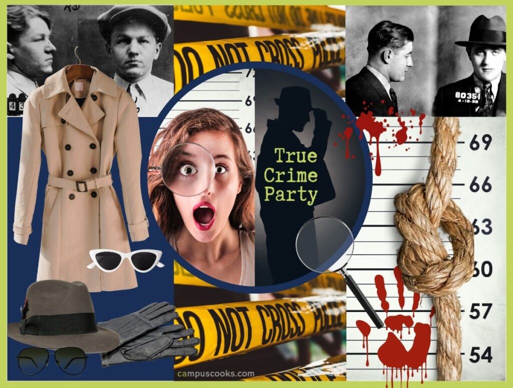 A collage of true crime-themed party decor and costume ideas, including bloody handprints, a magnifying glass, trench coat, dark glasses, vintage mug shots and lots of yellow "police line - do not cross" tape.