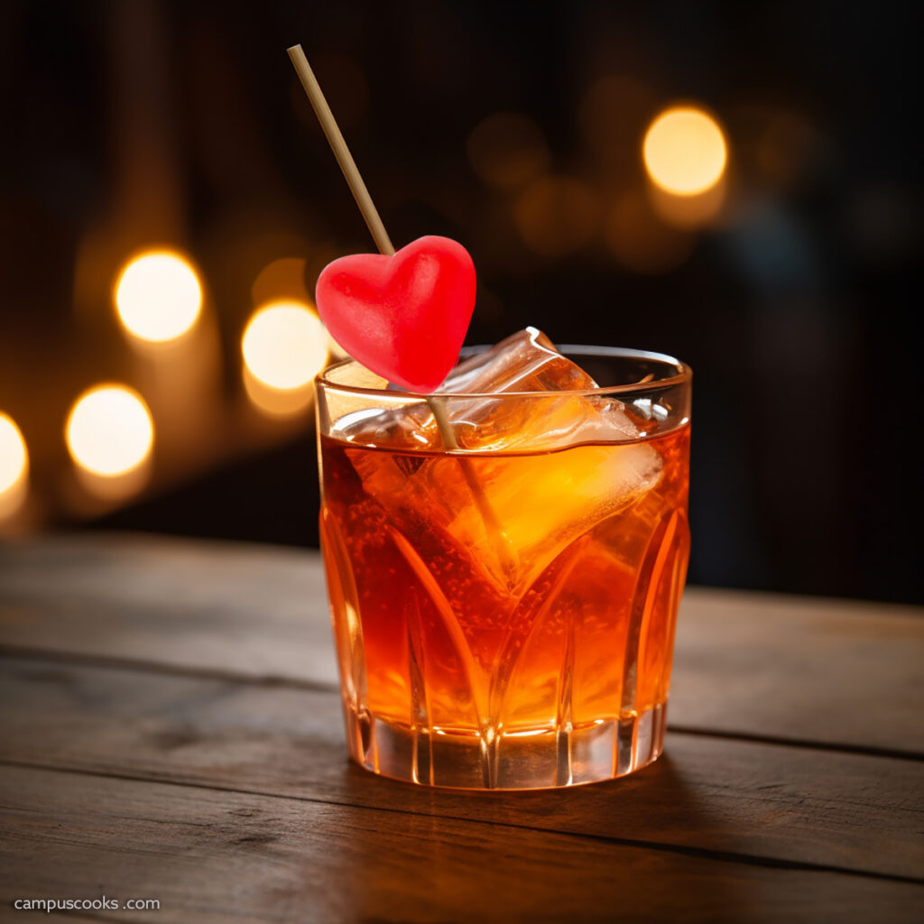 An amber-colored Halloween mocktail on the rocks, garnished with a red candy heart shot through with a toothpick on a rustic wooden countertop.