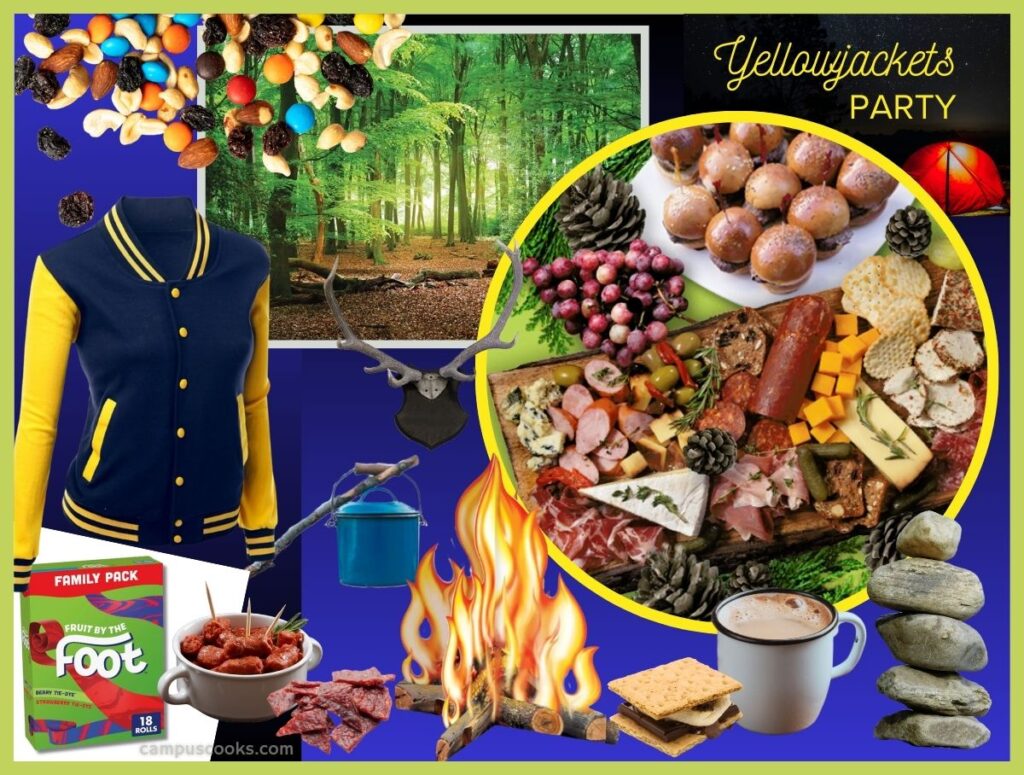 A collage of Yellowjackets-themed party decor and food, including s'mores, tiny wienies, beef jerky, trail mix, a charcuterie board and cardboard campfire decoration, as well as a blue and gold varsity jacket.